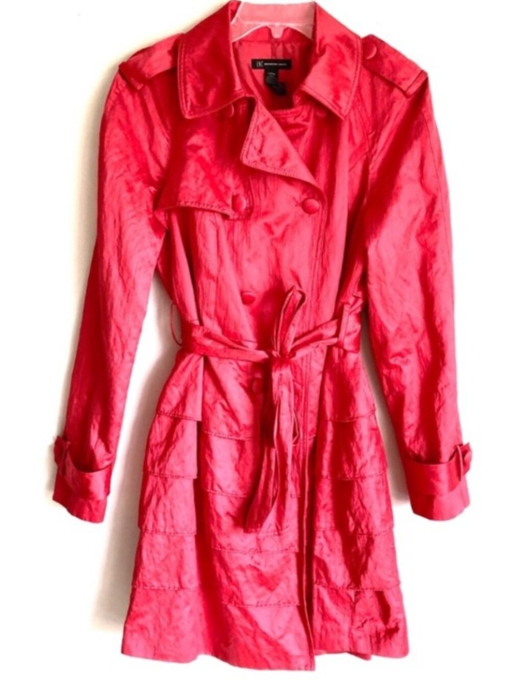 INC International Concepts Bright Red Lipstick Long Sleeve Belted Trench Coat
